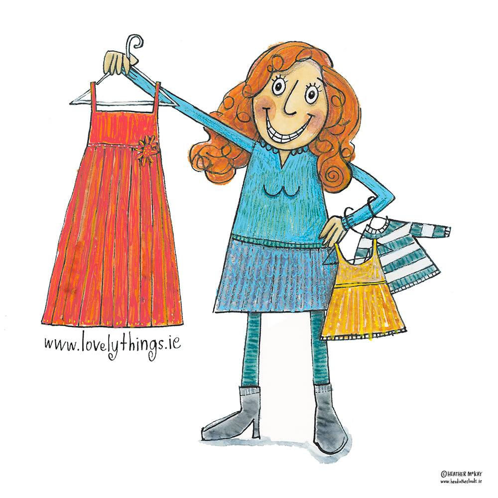 Cute cartoon photo of Laura from Lovely Things holding cute kids clothes that are vintage designer and preloved