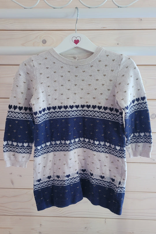 Cosy knitted baby dress, Cream & Navy, 12 to 18 months