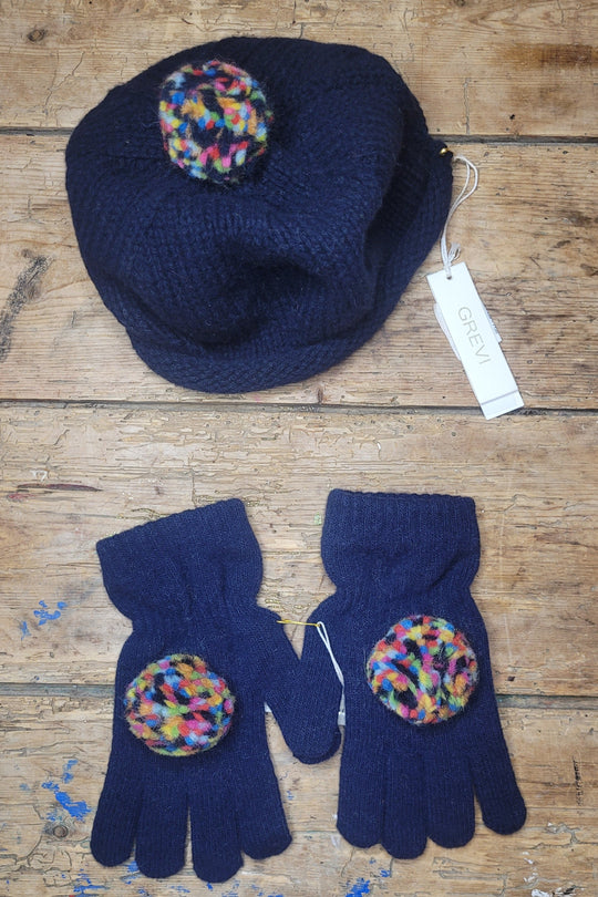 Navy Hat & Matching Gloves Set with Bobbles, Size Medium (2-6 years)