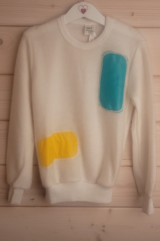 Stunning White, Teal & Yellow Geometric pattern 80's Jumper, 8 years (on label)