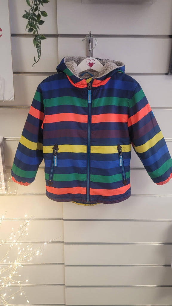 Colorful striped jacket hanging on a white wall