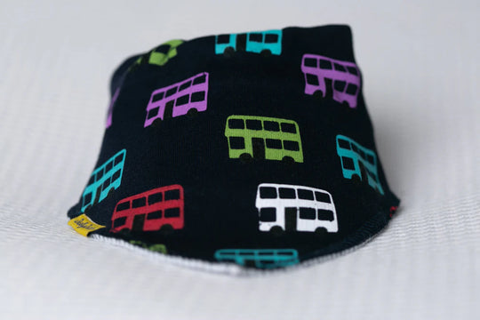 Navy vintage buses organic cotton DribbleBoo bandana bib