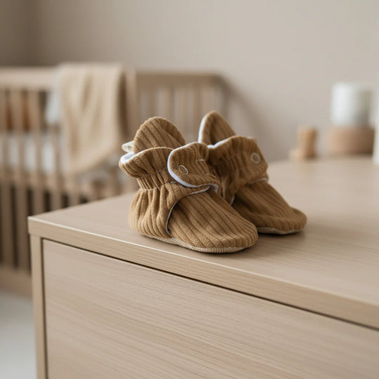Tan Corduroy - Baby Booties That Stay-On With Non-Slip Soles | Snugabugz